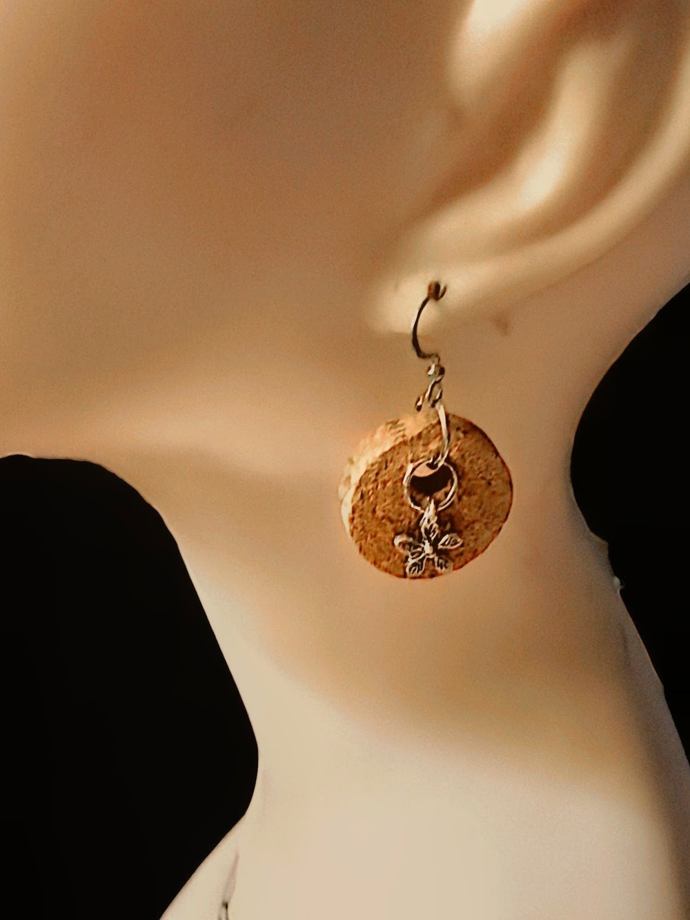 Brown Cork Disk Earrings with Silver Flower Charm